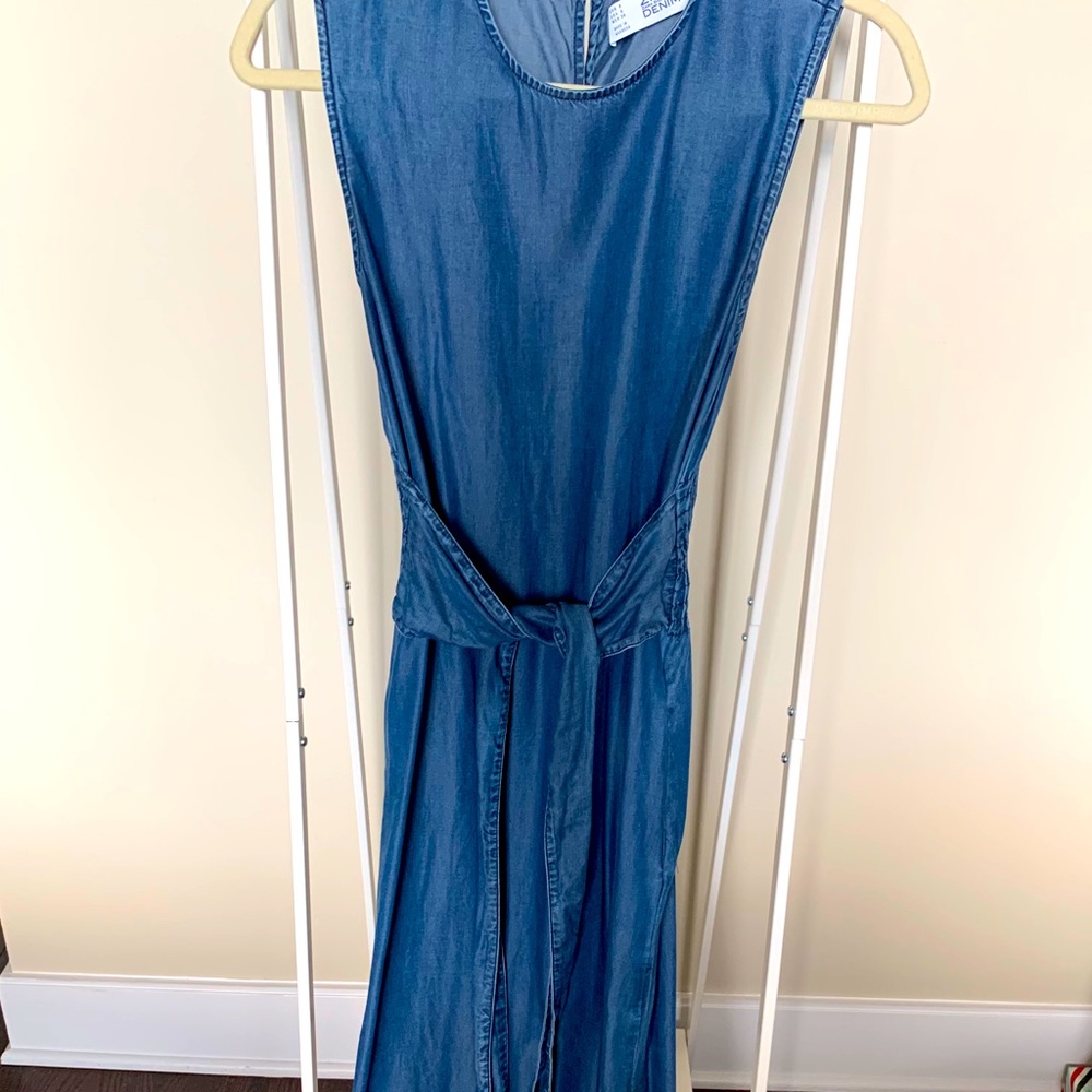 Zara Smocked Tie Waist Chambray Dress